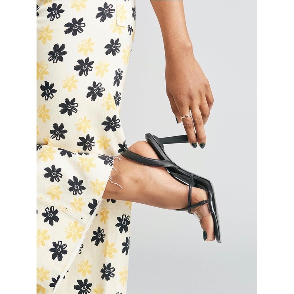ALDO Juliet Black Clear Strap Square Toe Sculpted Heel Sandals Womens 7.5 Glam‎